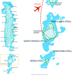 Route map for surftrips in the Southern Atoll