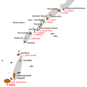 Surf spots map North Malé Atoll